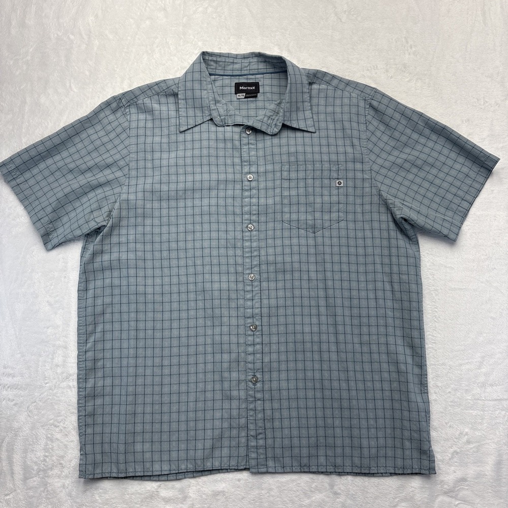Marmot For Life Plaid Button Down Shirt Men XL Blue Polynosic Rayon Short Sleeve